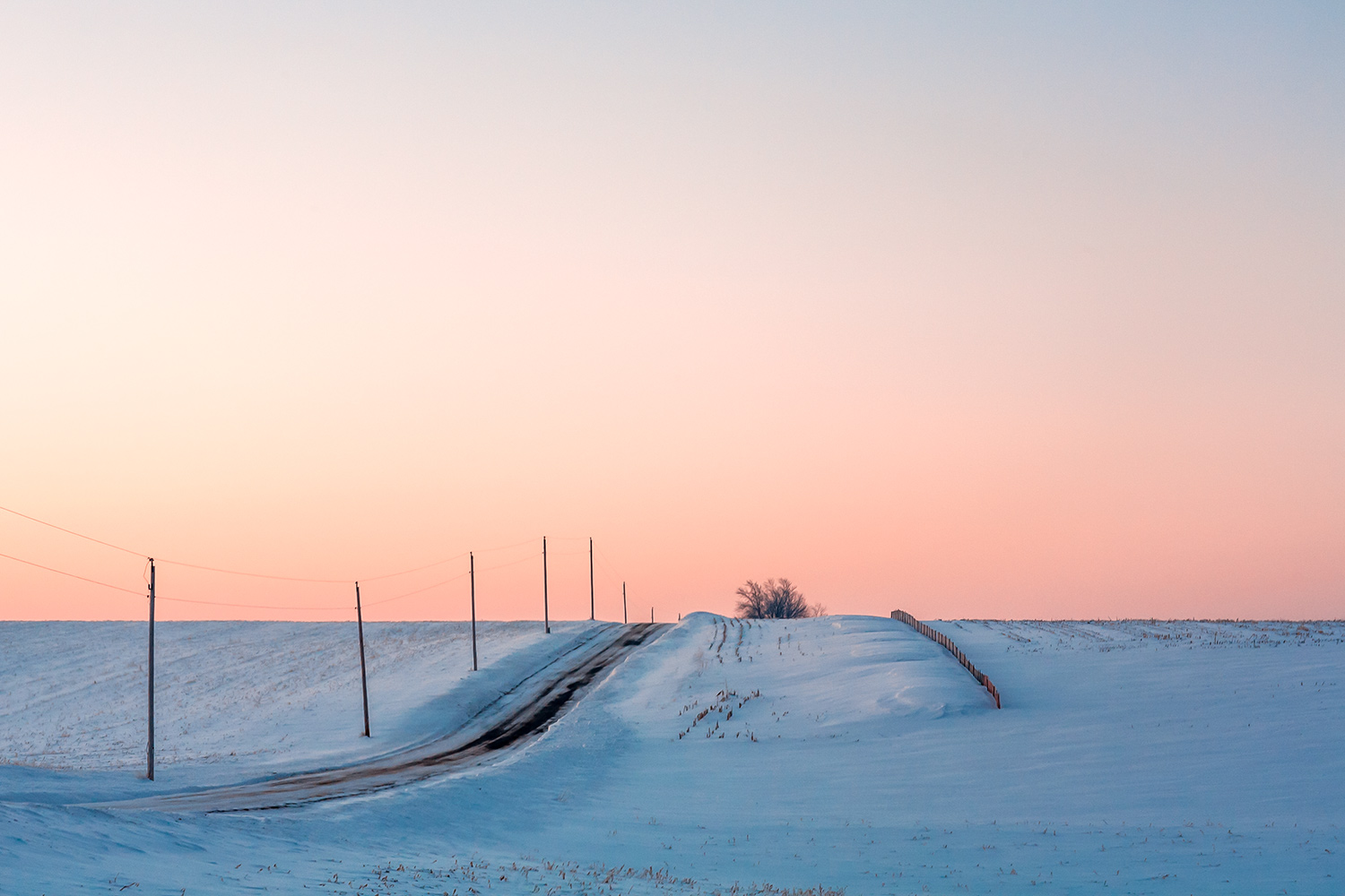 A quiet country road lined with telephone poles and a snow fence before the sun crests the horizon on a cold wintry morning.&nbsp;→ Buy a Print