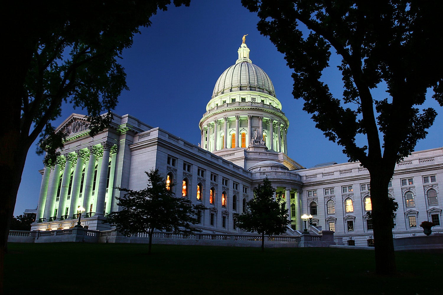 The Wisconsin State Capitol just after its lights came on in Madison, Wisconsin.&nbsp;→ Buy a Print