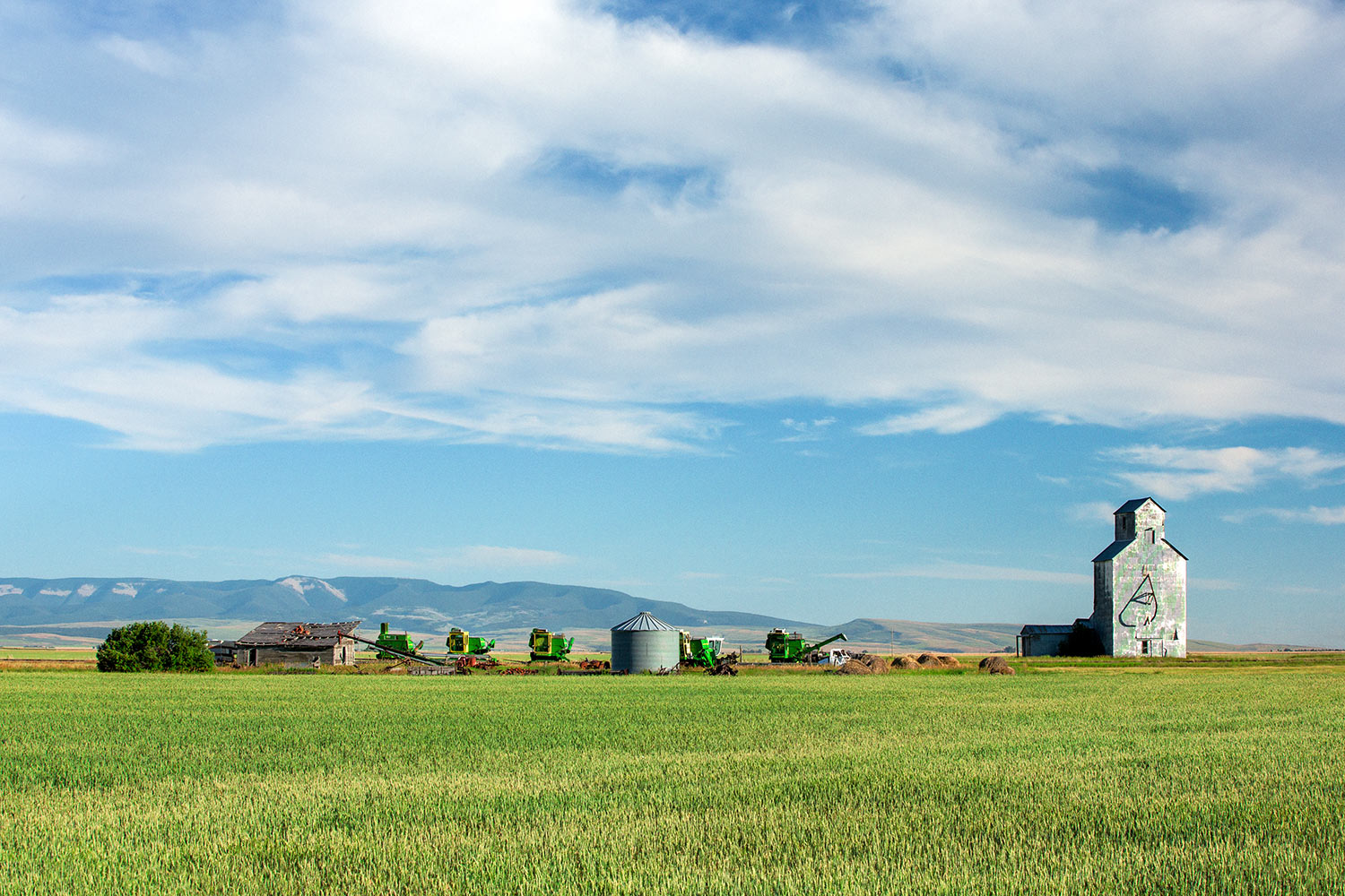 A row of farm machinery and a grain elevator in the former railroad town called Ross Fork, Montana.&nbsp;→ Buy a Print