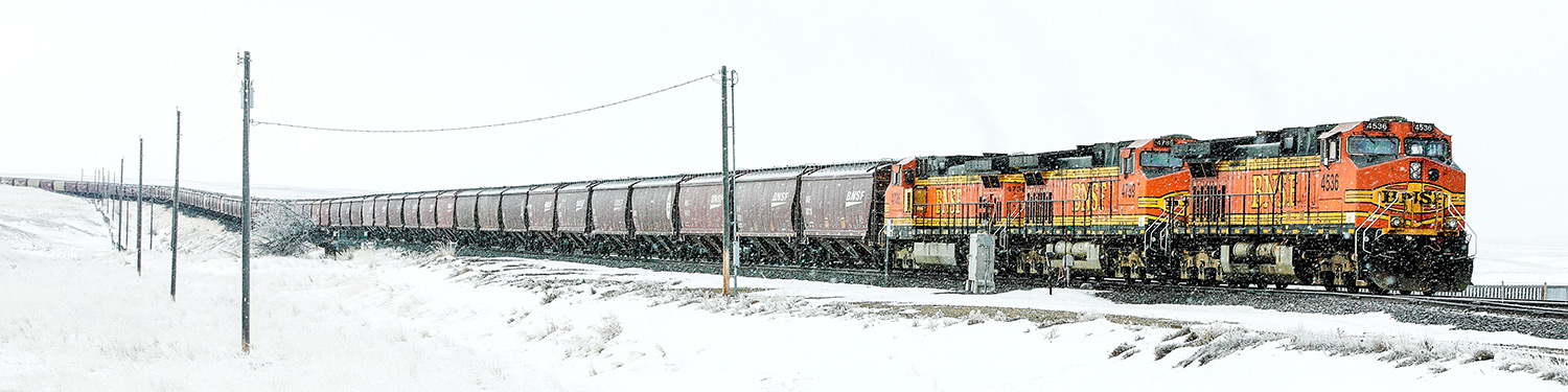 The 11:15 a.m. train from BNSF chugs on through snow on its way to its destination.&nbsp;→ Buy a Print