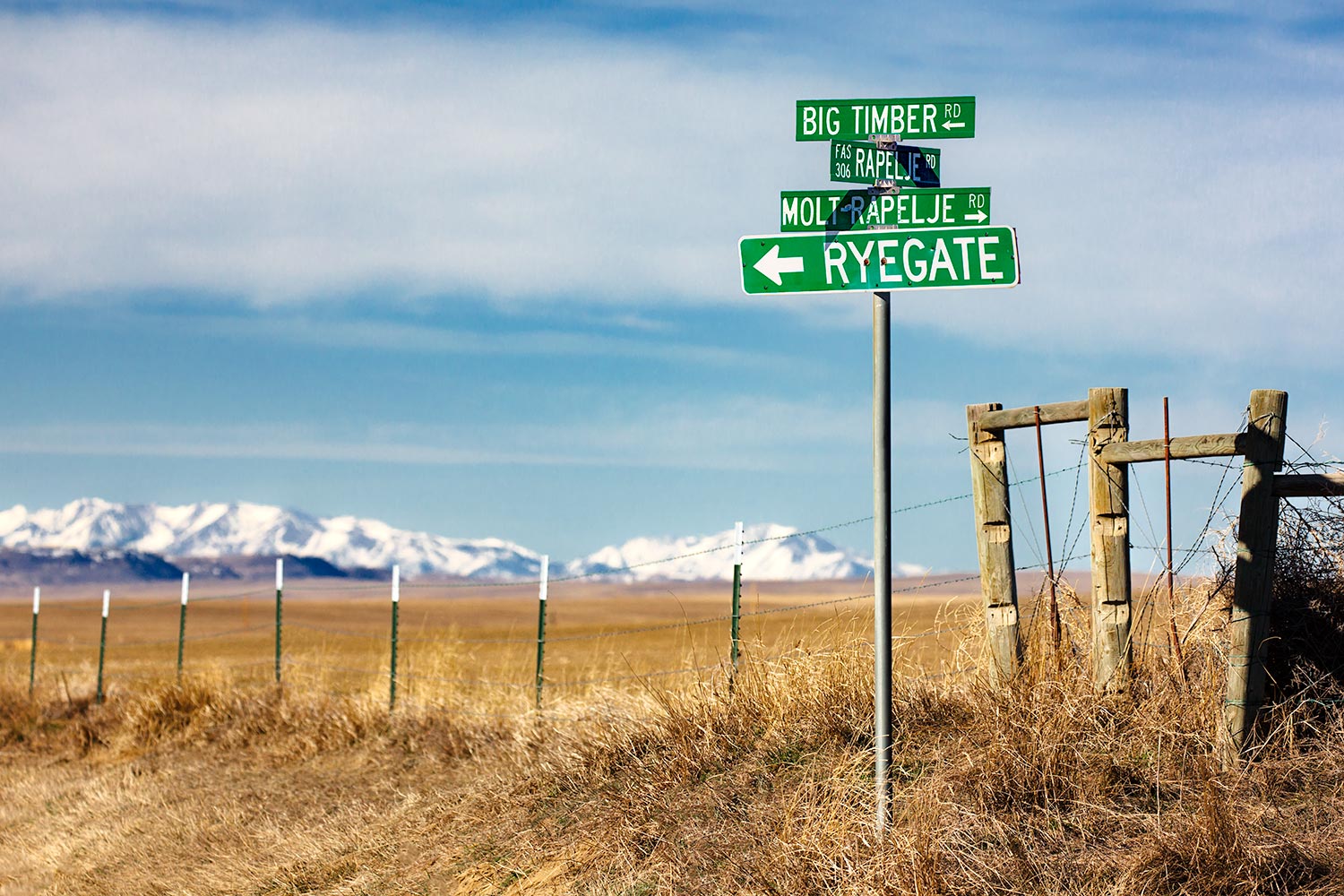 A rural sign post outside of rural Rapelje, Montana.&nbsp;→ Buy a Print