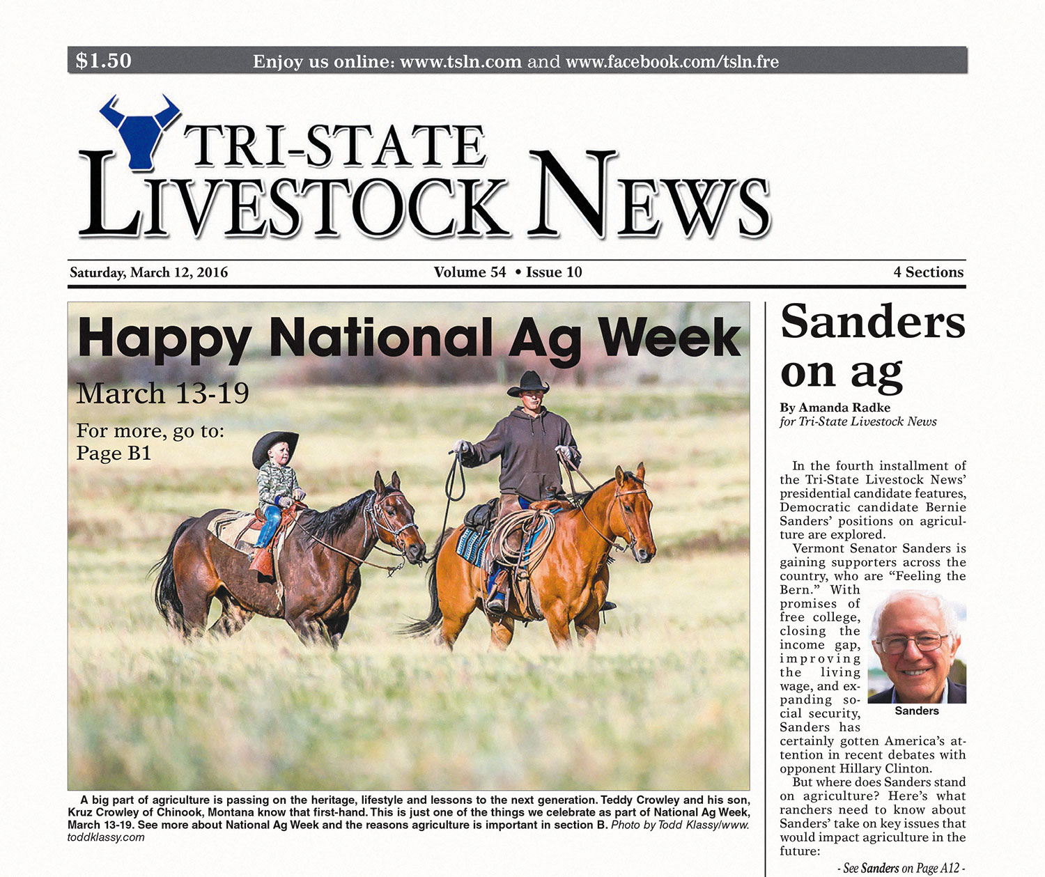The front page of Tri-State Livestock News featuring my photo of Teddy Crowley and his son Kruz to celebrate National Ag Week. It appeared in the Mark 12, 2016 edition of the farm and ag newspaper.