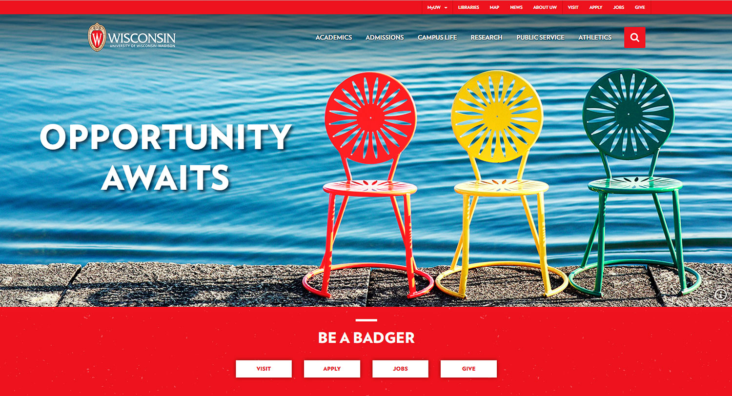 One of my photos of Madison—a photo of the sunburst chairs on the Memorial Union Terrace—appears on the new UW website's home page.&nbsp;→ Buy a Print&nbsp;or License Photo
