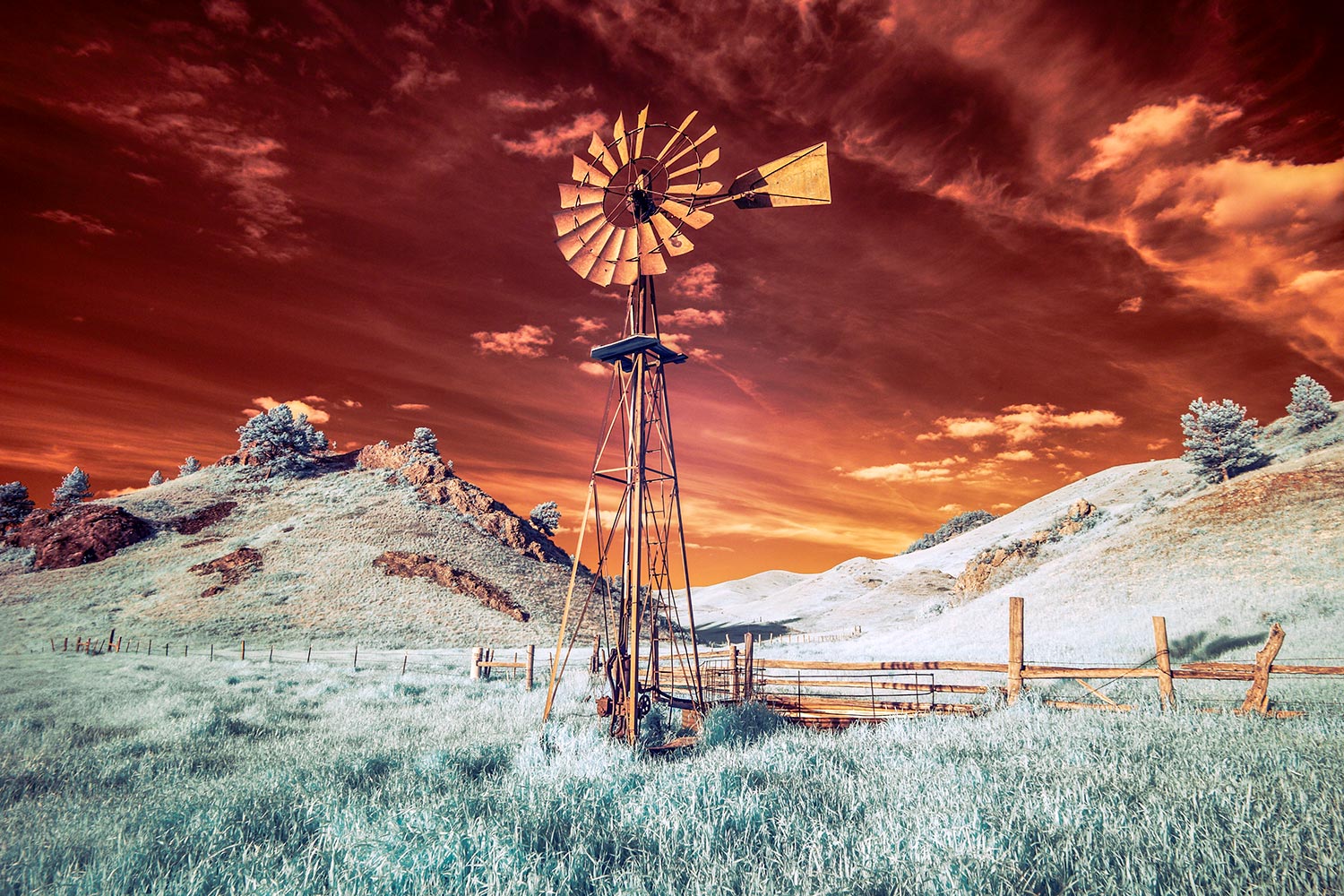 An infrared photo of a beautiful old windmill (a.k.a. windpump) on a ranch in the Bear Paw Mountains near Havre, Montana.&nbsp;→ Buy a Print&nbsp;or License Photo