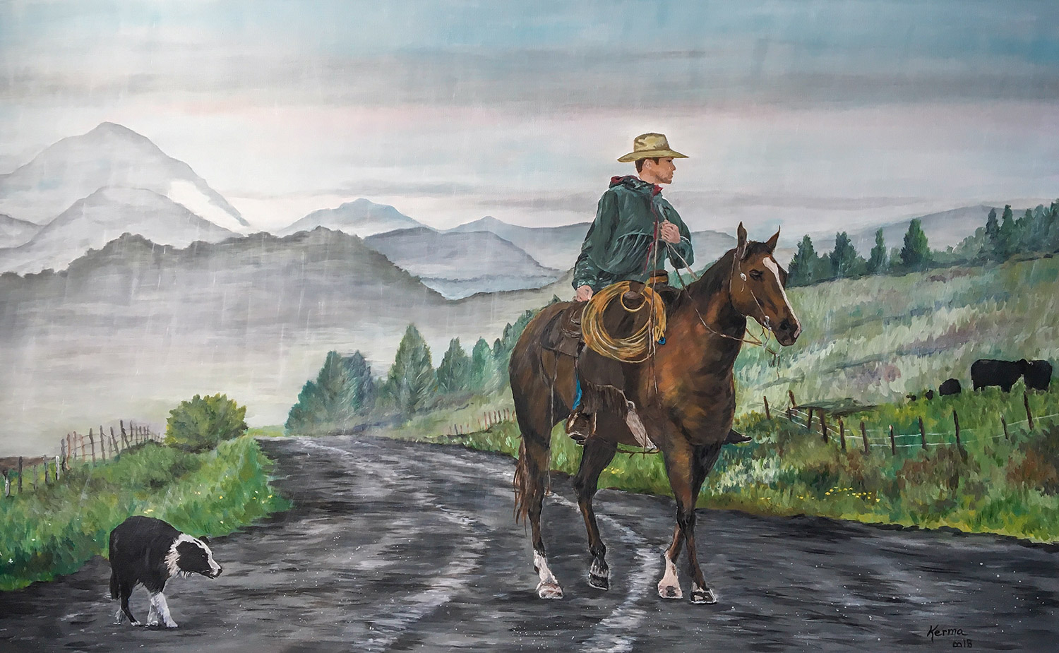 An acrylic painting by Kerma Boyum-Sarmiento of my cowboy photograph called "Braving the Rain."