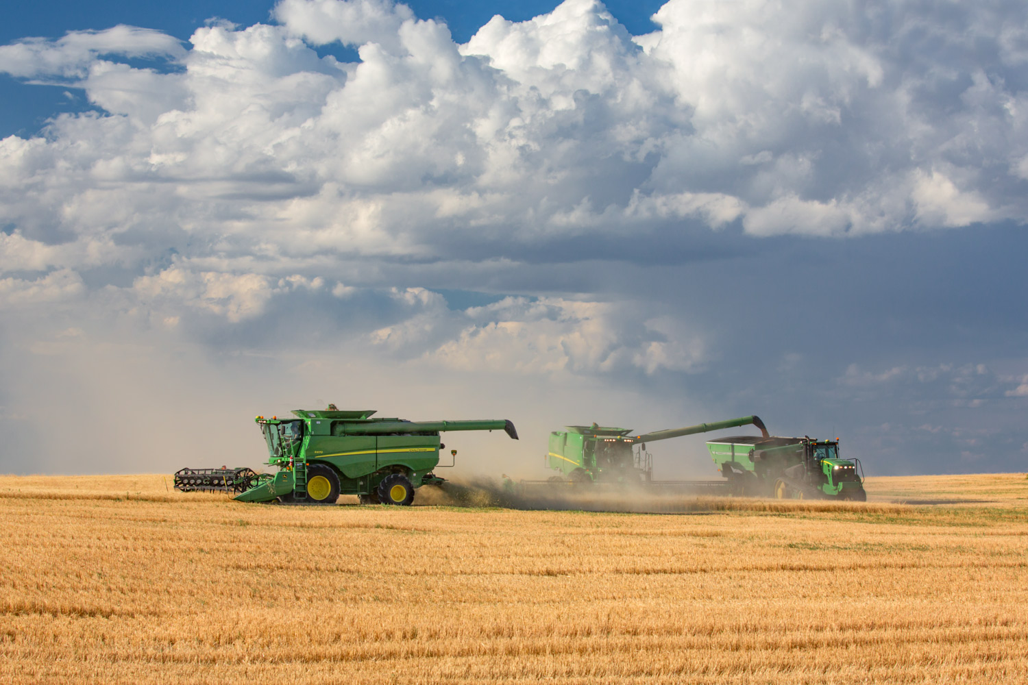 John Deere equipment harvesting wheat on a farm north of Chinook, Montana.&nbsp;→ License Photo