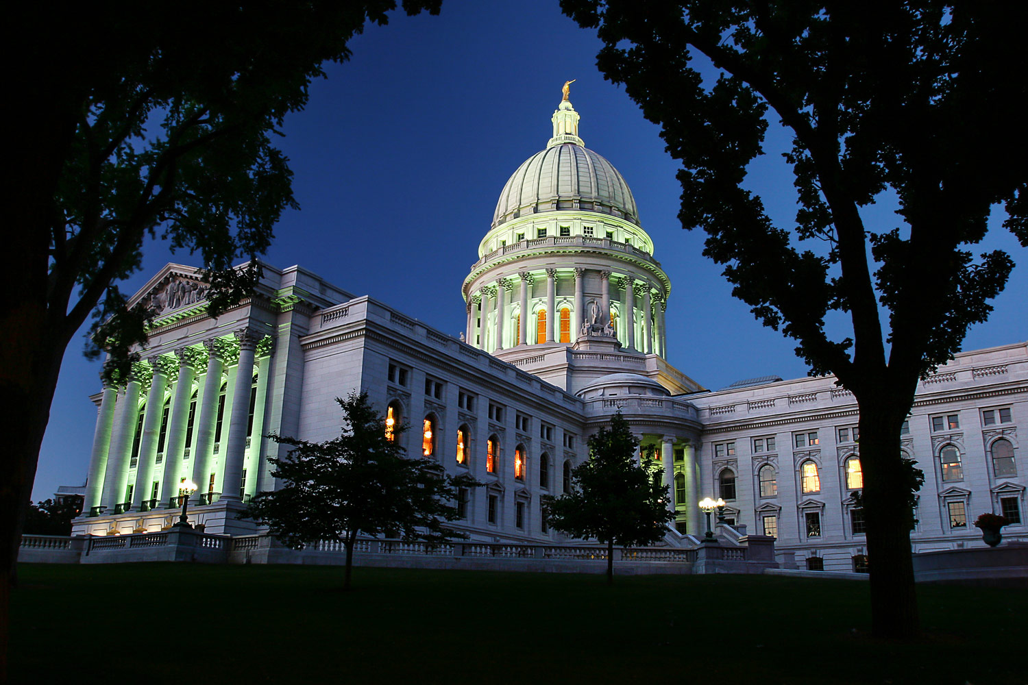 The Wisconsin State Capitol just after its lights came on in Madison, Wisconsin.&nbsp;→ Buy a Print&nbsp;or License Photo
