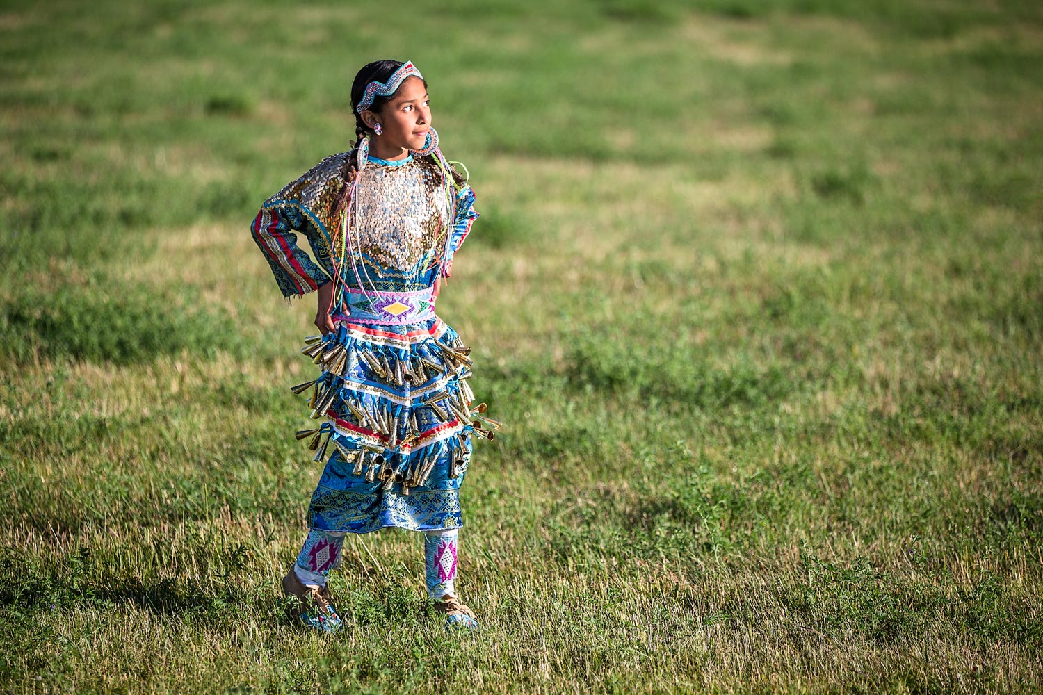 A native American jingle dancer at a pow-wow at Fort Belknap Indian Reservation.&nbsp;→ License Photo