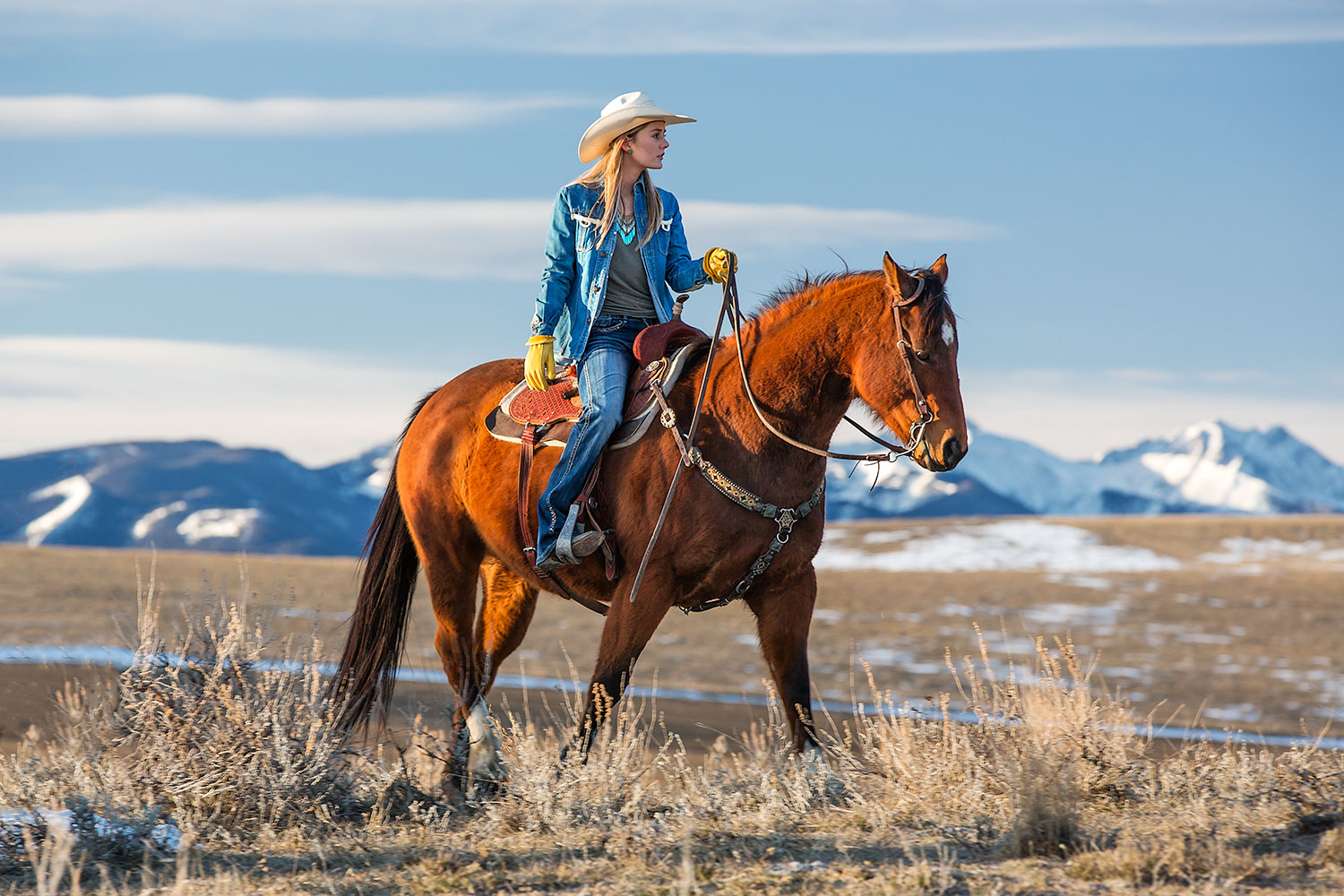 A cowgirl rides her horse near the Montana &nbsp;mountains outside of Bozeman, Montana.