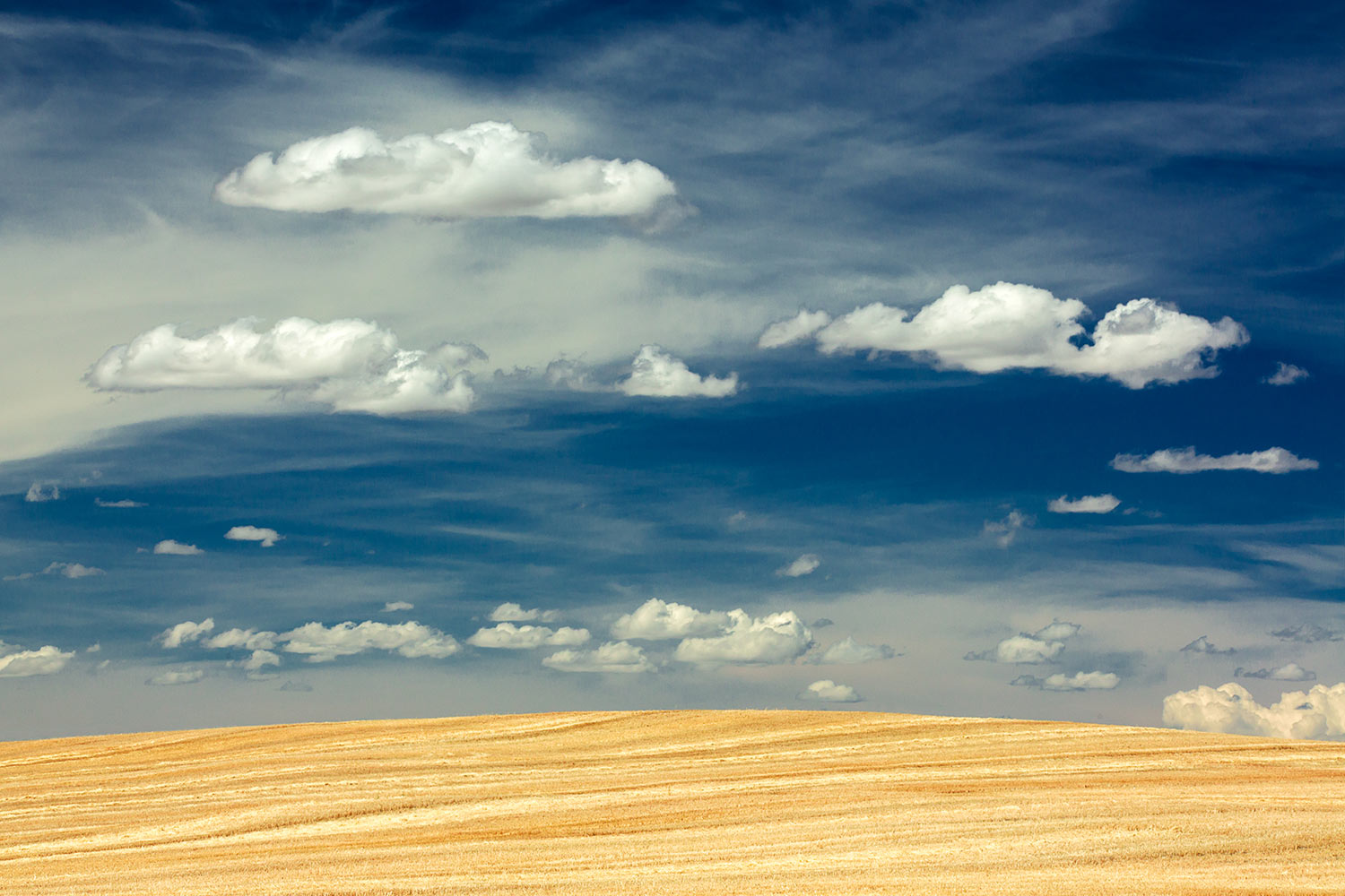A dramatic sky accentuates a freshly harvested field of wheat near Broadview, Montana.