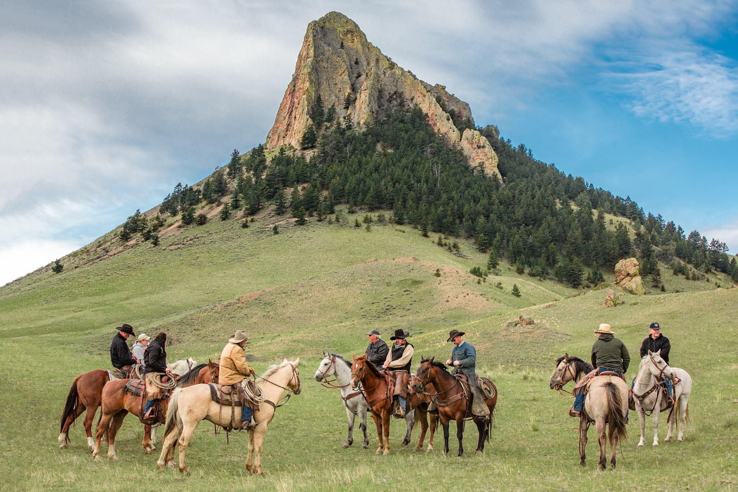 Cowboys and cowgirls gather at the base of Birdtail Butte near Cleveland, Montana.&nbsp;→ License Photo