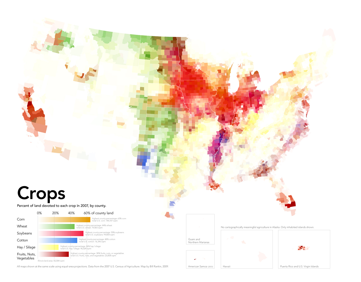 This is a map that shows the percent of land devoted to each agricultural crop in the United States. The data comes from the 2007 U.S. Census of Agriculture.