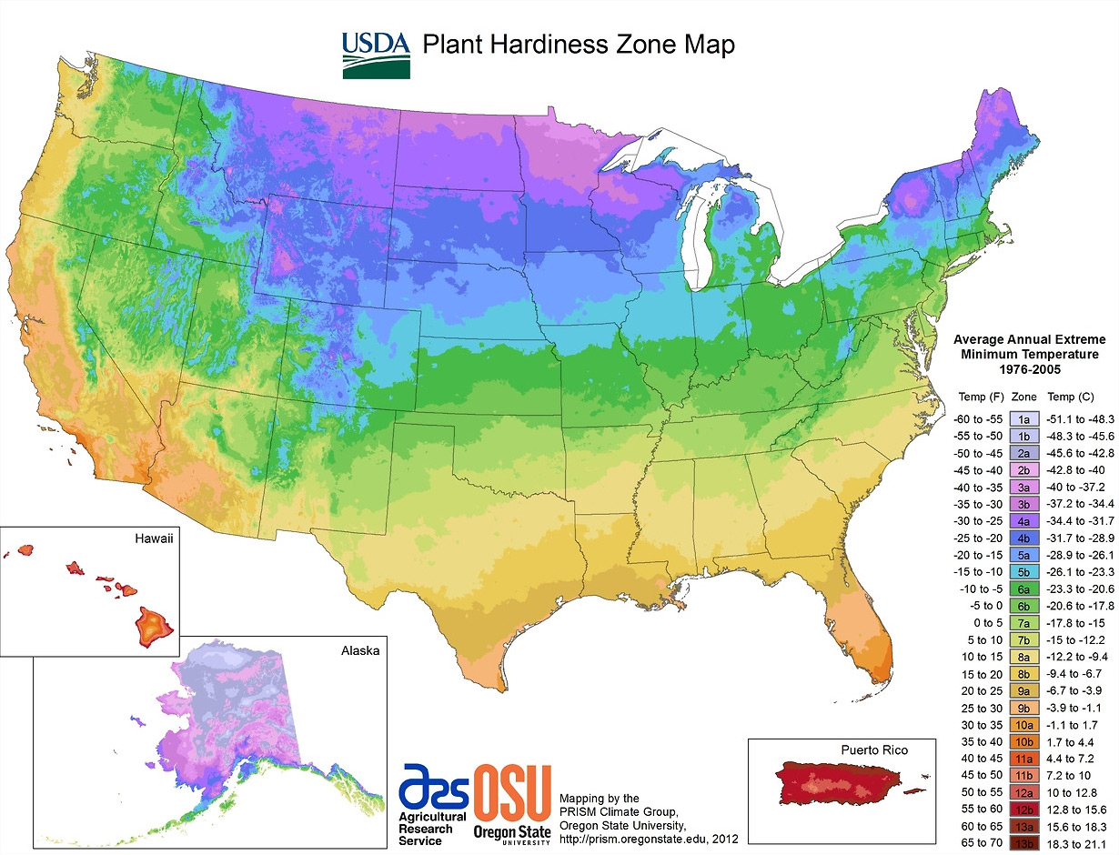 A plant hardiness zone map created by Oregon State University and the PRISM Climate Group using data from the United States Department of Agriculture.