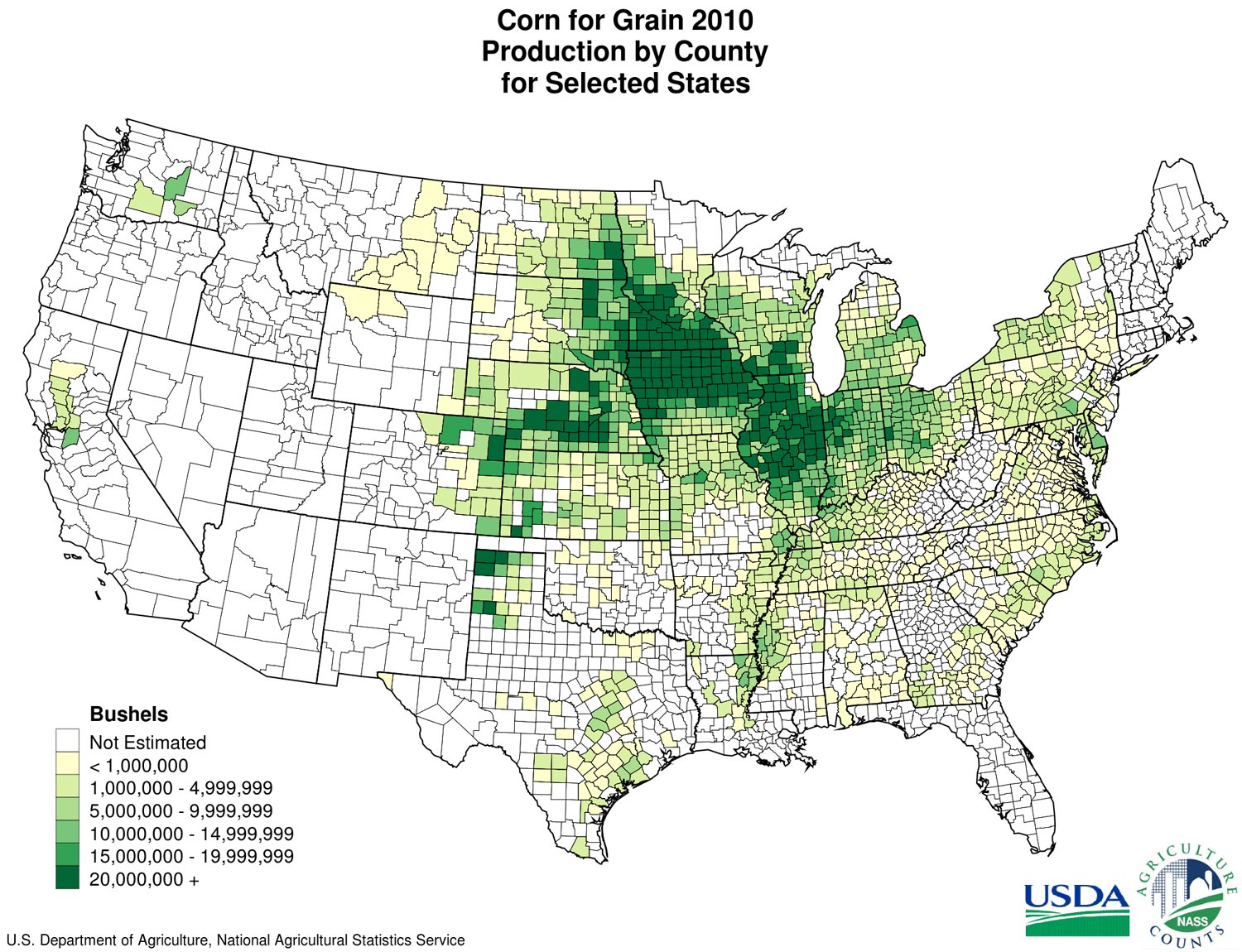 A map denoting corn production for grain by county in the United States by county. Data comes from the USDA's National Agricultural Statistics Service.