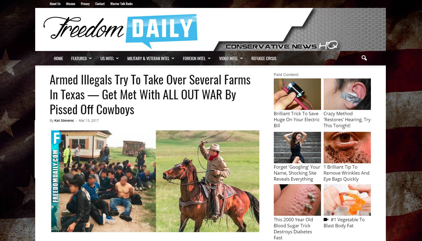 A screen grab and evidence of the fact that the website Freedom Daily illegally used one of my photos without permission in this story dated March 17, 2017.