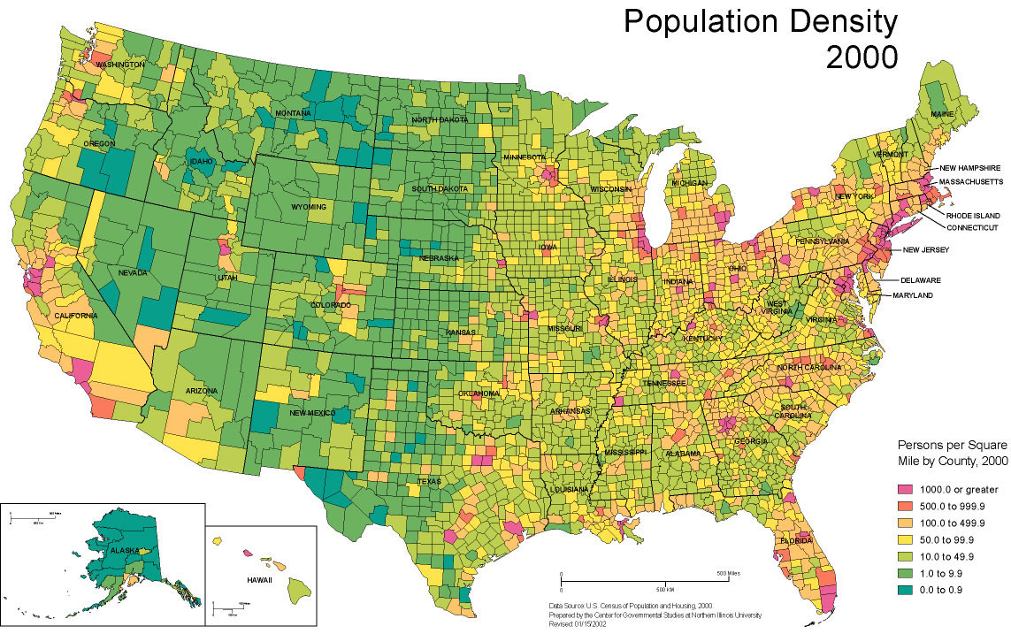 A map denoting the population density in the United States by county created by Center for Government Studies at the Northern Illinois University with data from the 2000 U.S. Census.