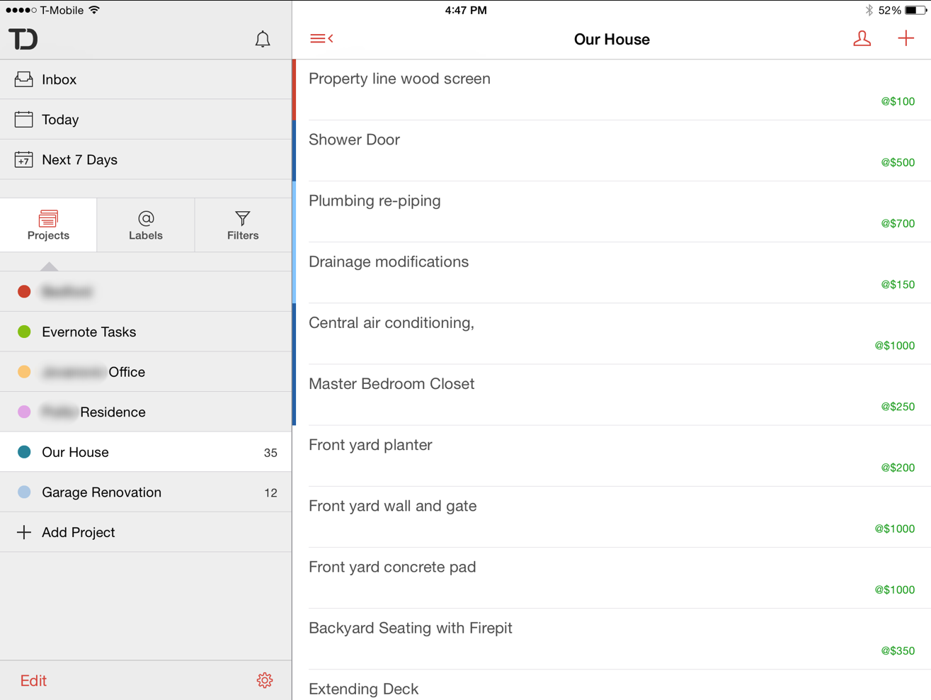 All task are listed on the right. You can see the Labels which are actually, estimated costs for that tasks. The thin colored bars to the left of some tasks indicate priority (no color means lowest priority).