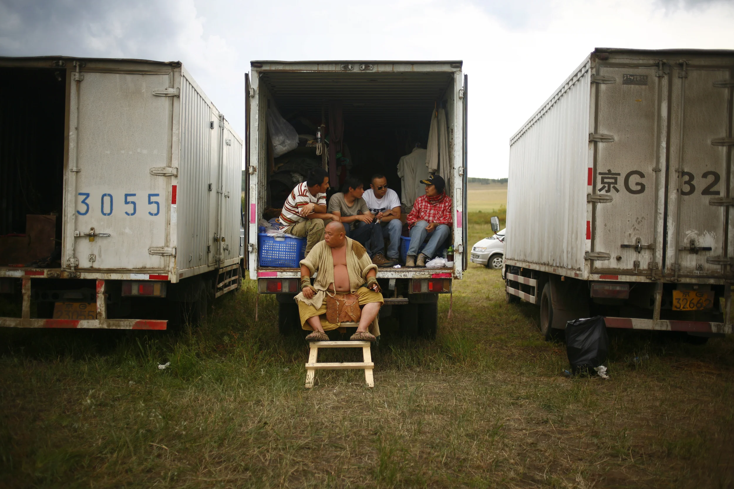 Cast and crew members on break.