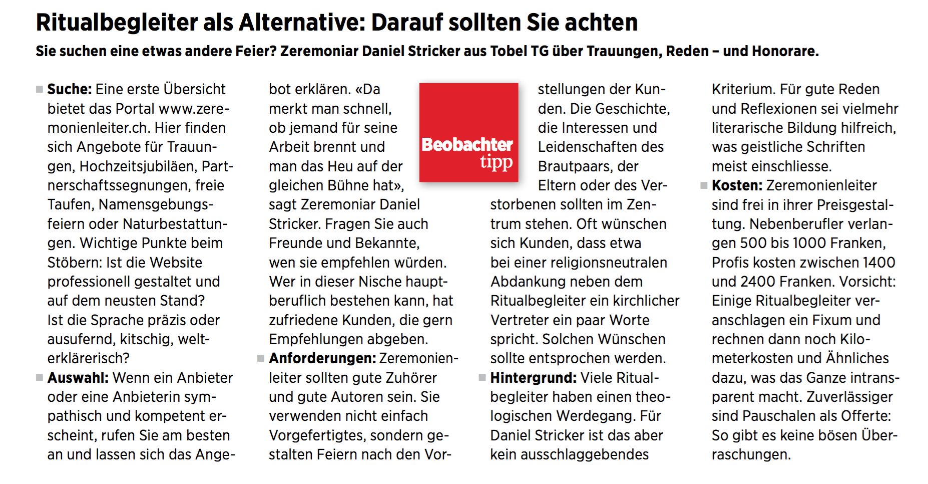 Expertenrat im Schweizer Konsumentenmagazin 'Beobachter`