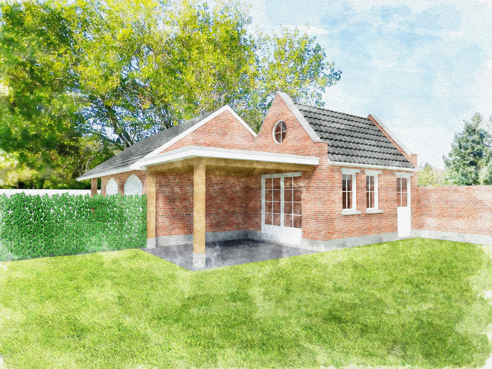 Nieuwbouw tuinhuis met overkapping