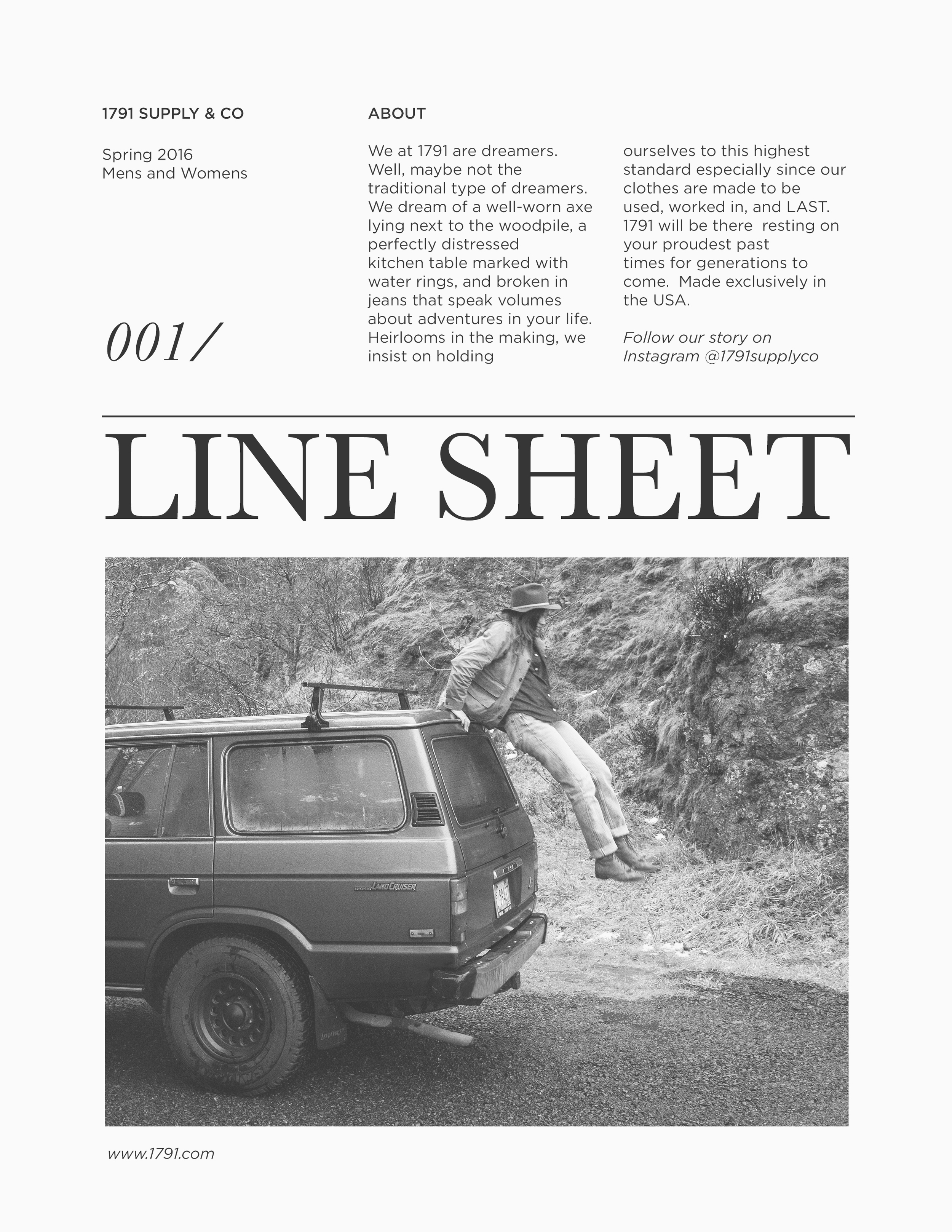 1791 is a clothing brand based out of Irving Texas, these line sheets will be given out to brands looking to purchase wholesale from them. These first two pages are the intro to show the products.