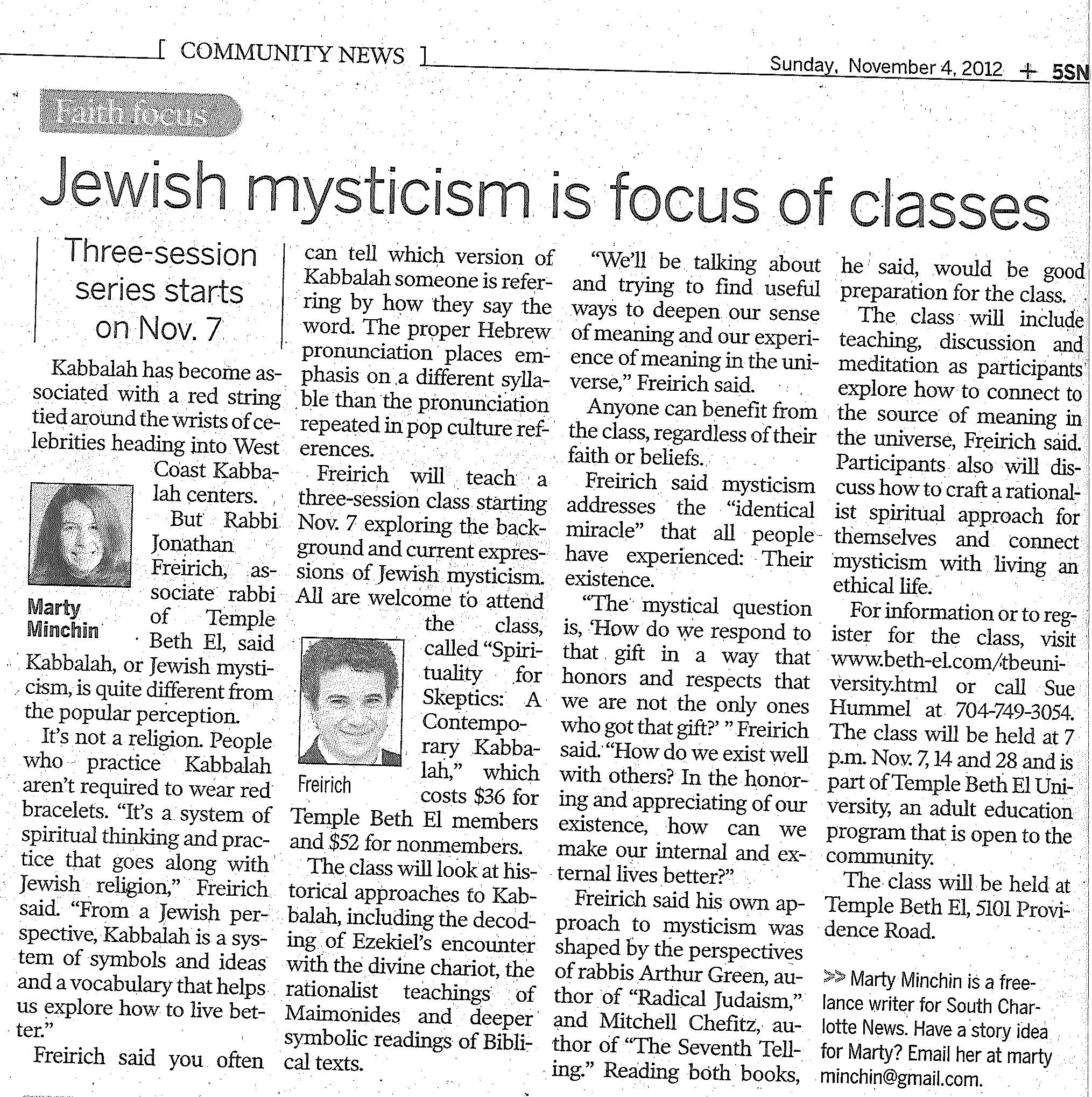 Charlotte Observer covers Jewish mysticism class
