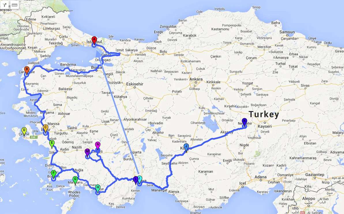 Some places that we've been in Turkey. Click to enlarge the map. 