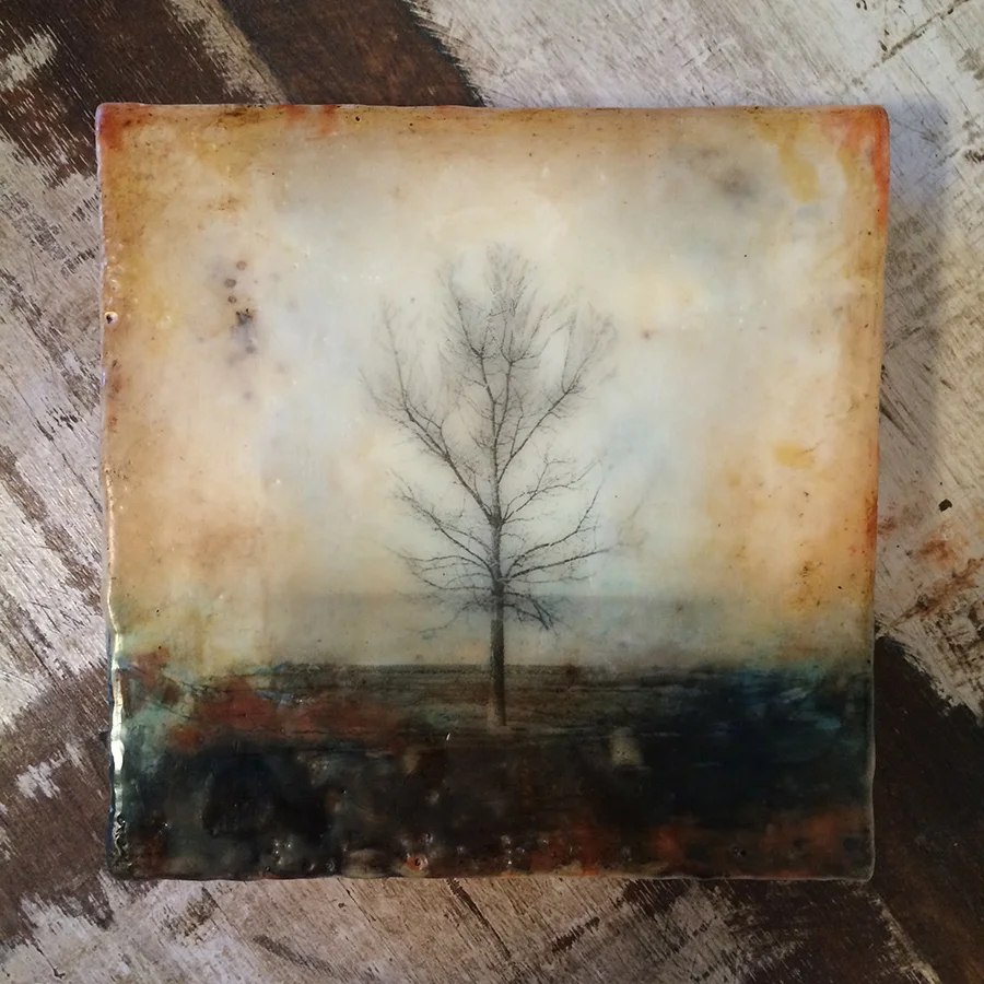Day One, encaustic and image transfer on panel, 6"x6", 2014
