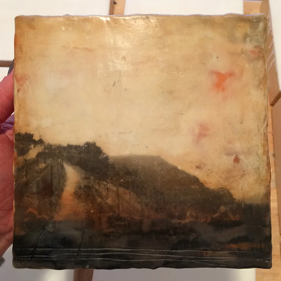 Day Eleven, encaustic and image transfer, 6"x6", 2014
