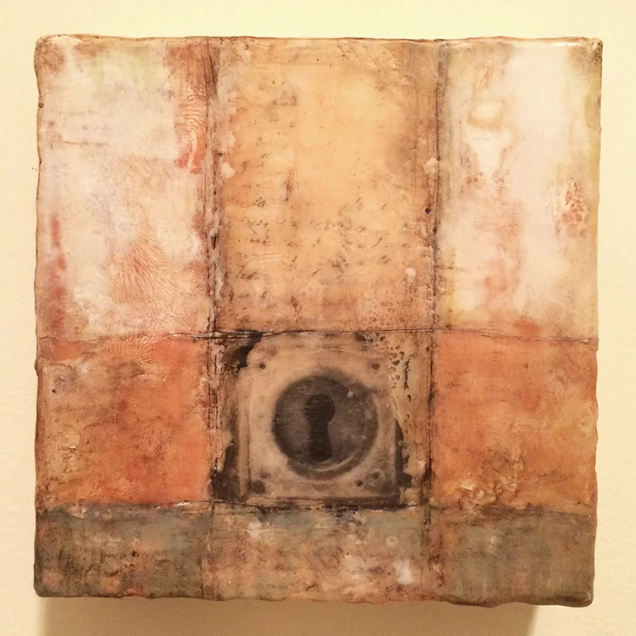 Day Fourteen, encaustic and image transfer, 6"x6", 2014