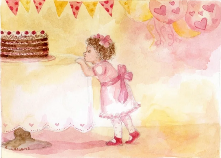 'What's this cake for?!' a watercolor illustration by Ella Lapointe.