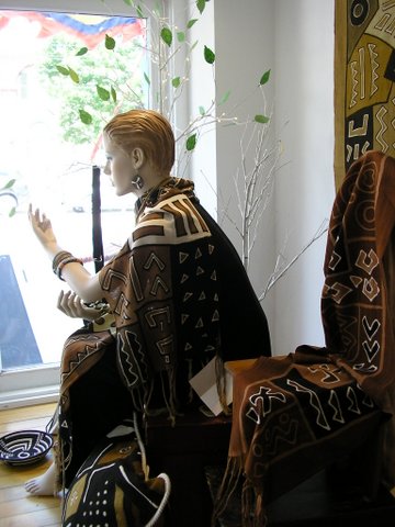 Rubia's bogolan textiles from Mali are on display in the window of the Mariposa Museum. 