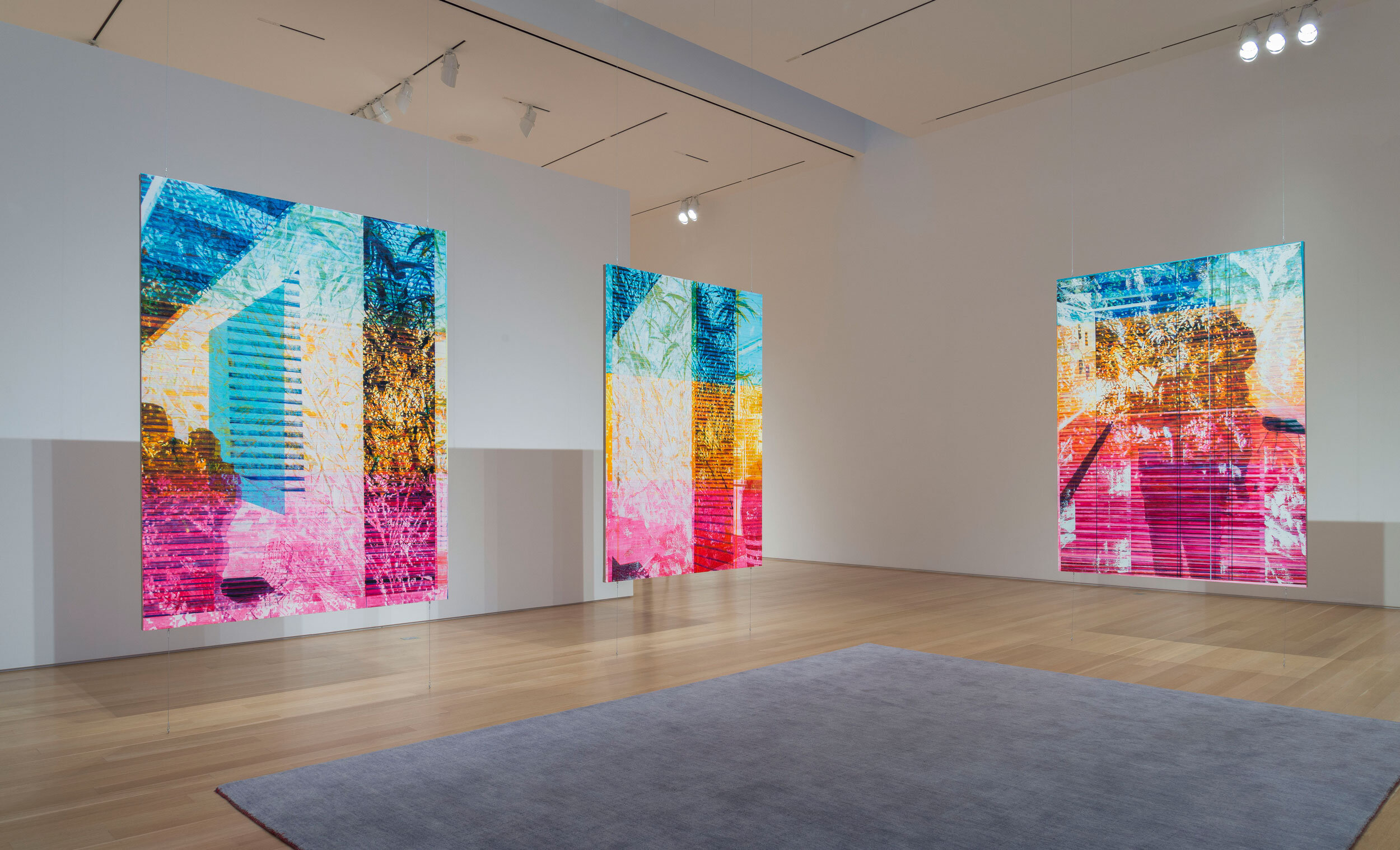   8.25 Minutes , installation comprised of six 76” x 56” oil on linen paintings, wool rug, hanging hardware, tape, printed materials, and drawings on paper, 2016-2017.  Photo credit: Installation view from the exhibition  Anxious Abstraction , Nerman