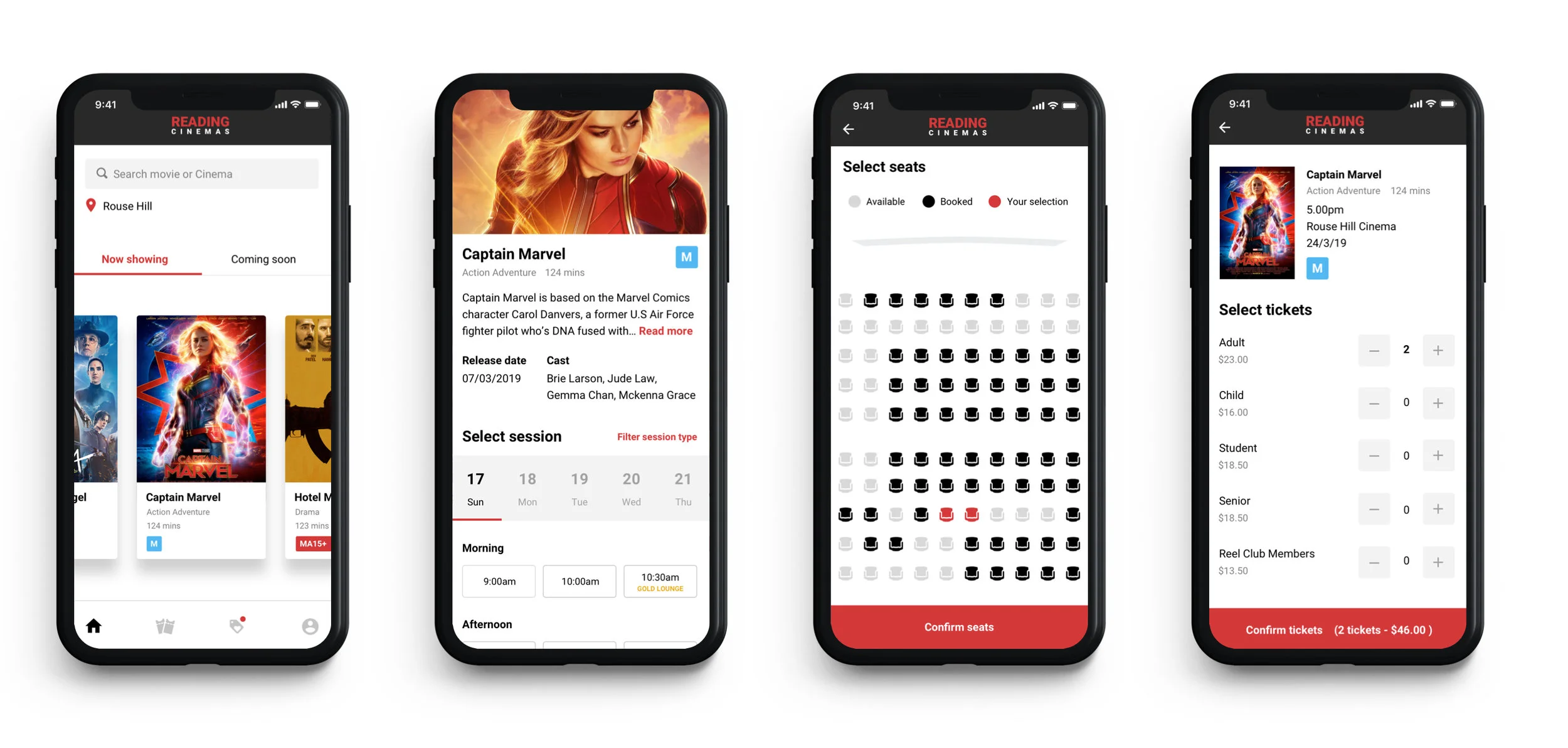 Final designs for the Home Screen, Session selection, Seats and Tickets.