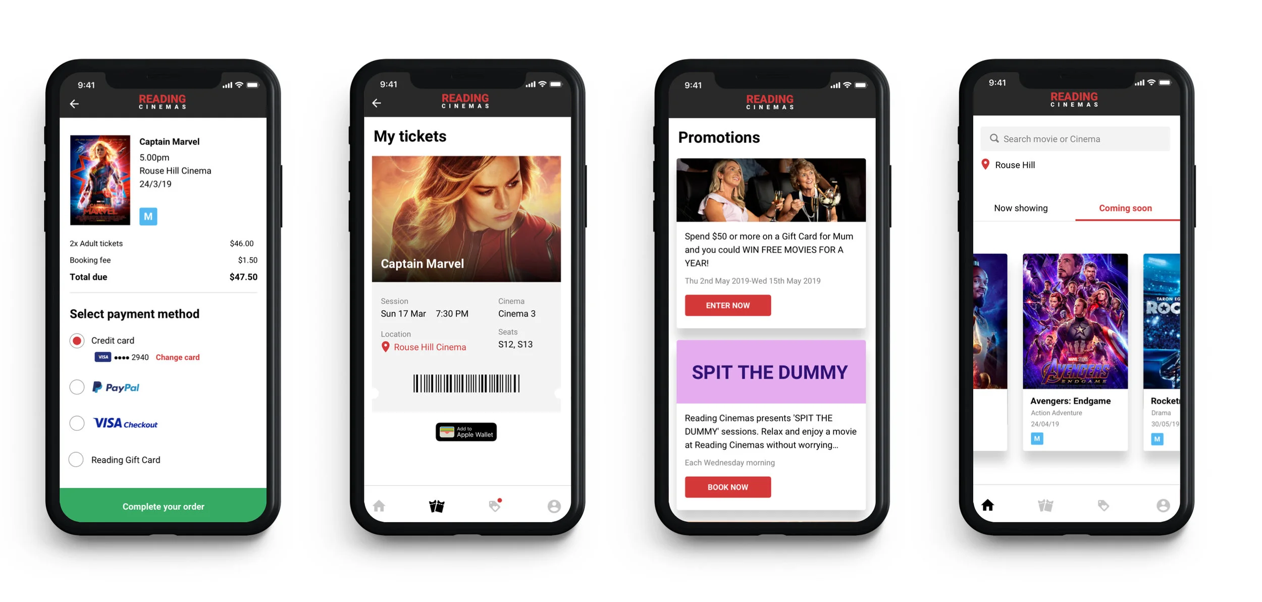 Final designs for the Payment, Mobile ticket, Promotions and Coming Soon movies.