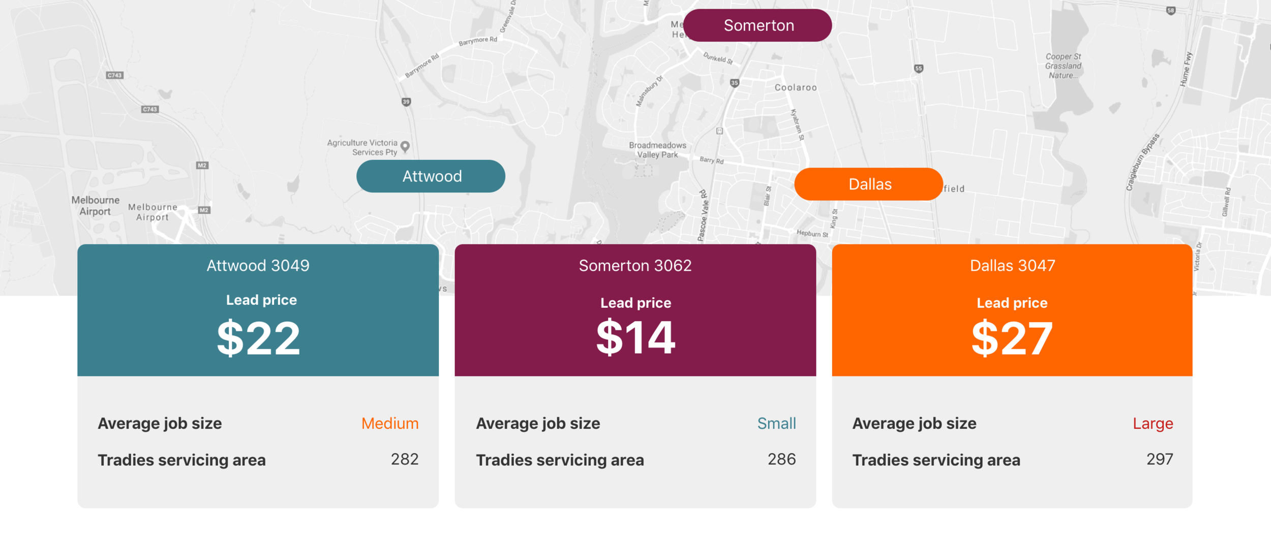This map tested really well with tradies and helped them understand how they can see differences in lead pricing across close suburbs.