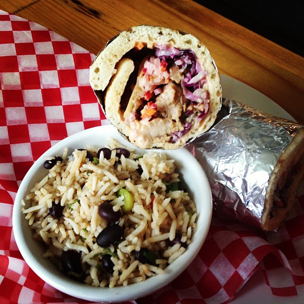 pork belly wrap with beans & rice
