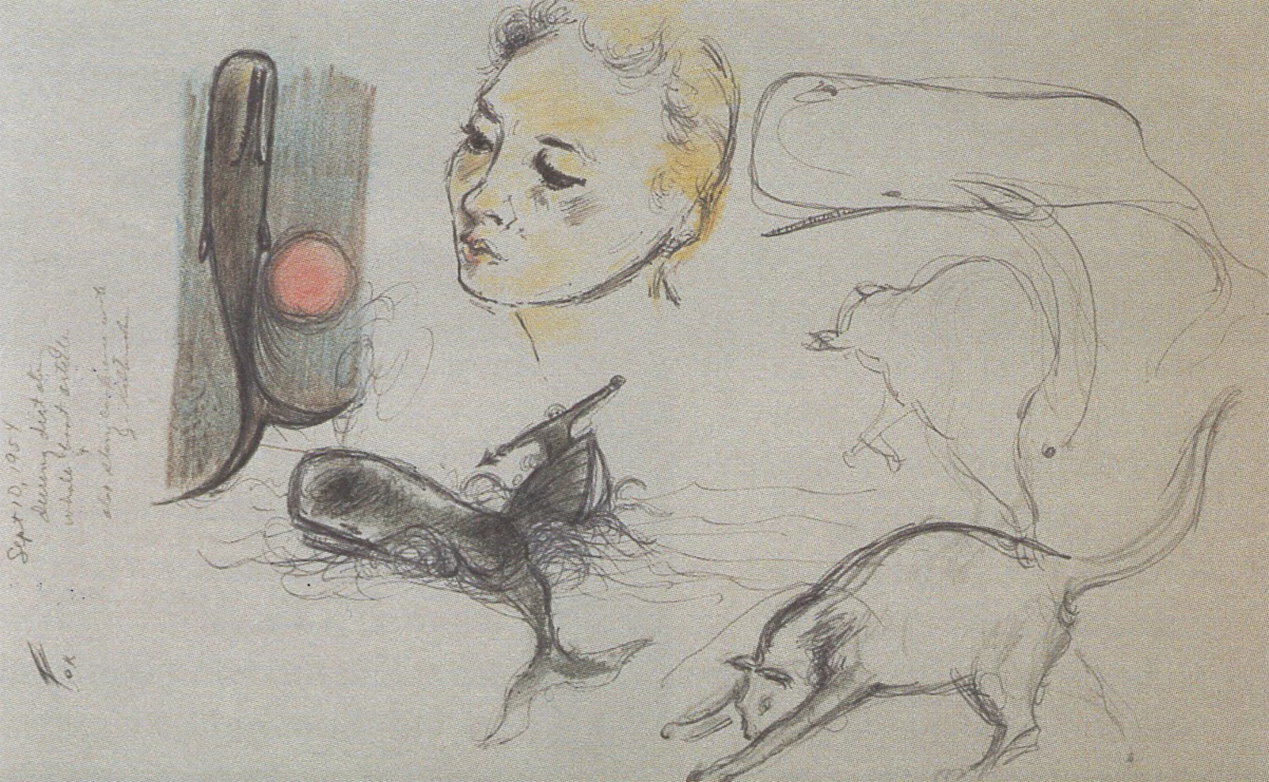 Extracts from John Huston's sketchbook, 1956, the year he was making 'Moby Dick' (pencil and coloured pencil on paper)