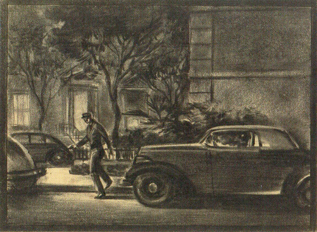This page from Bill Herwig’s boards, drawn in pencil, depicts Carol Lundgren— the chauffeur of Arthur Gwynn Geiger, the rare book dealer who is blackmailing Philip Marlowe's client, General Sternwood— preparing to shoot the gambler Joe Brody outside Brody’s apartment.