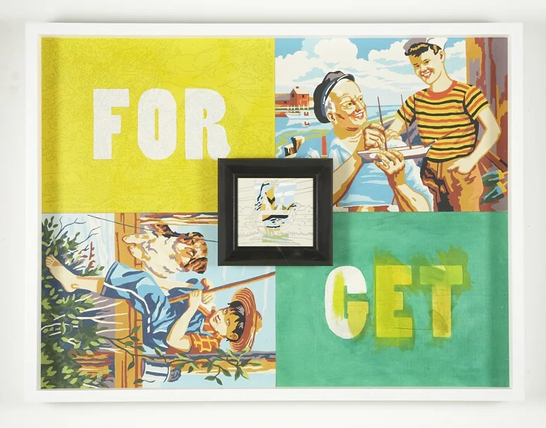 Forget Me, 2008, 25 x 34" acrylic on vintage paint by number panel in shadow box 