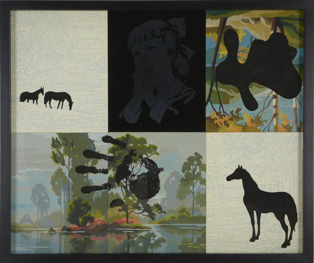 It Left a Mark Where You Were (hand /horse), 2012, 22 x 25", tempera on vintage paint-by-number panels