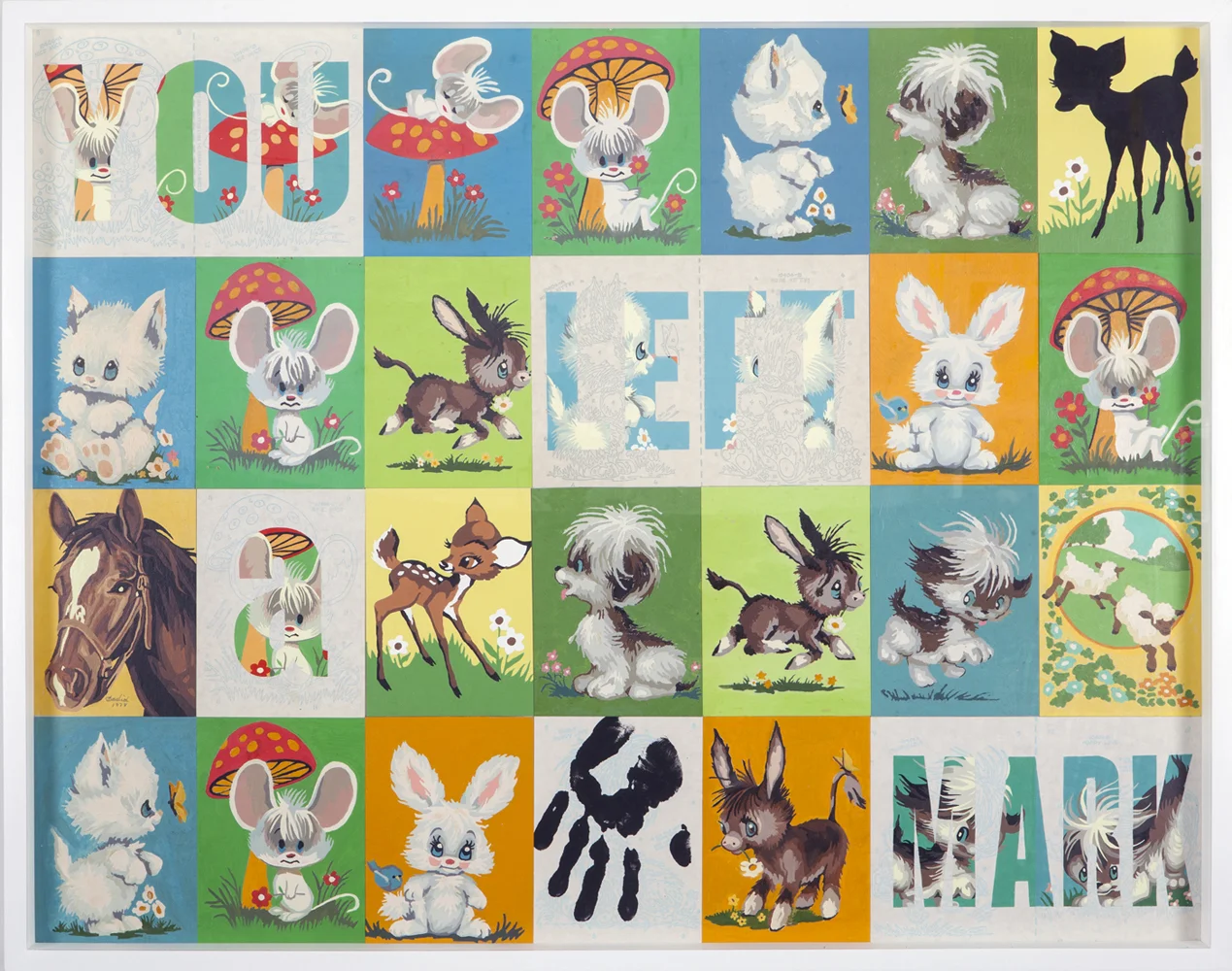 ou Left a Mark, 2012, 32 x 41", acrylic on vintage paint by number panels in shadow box