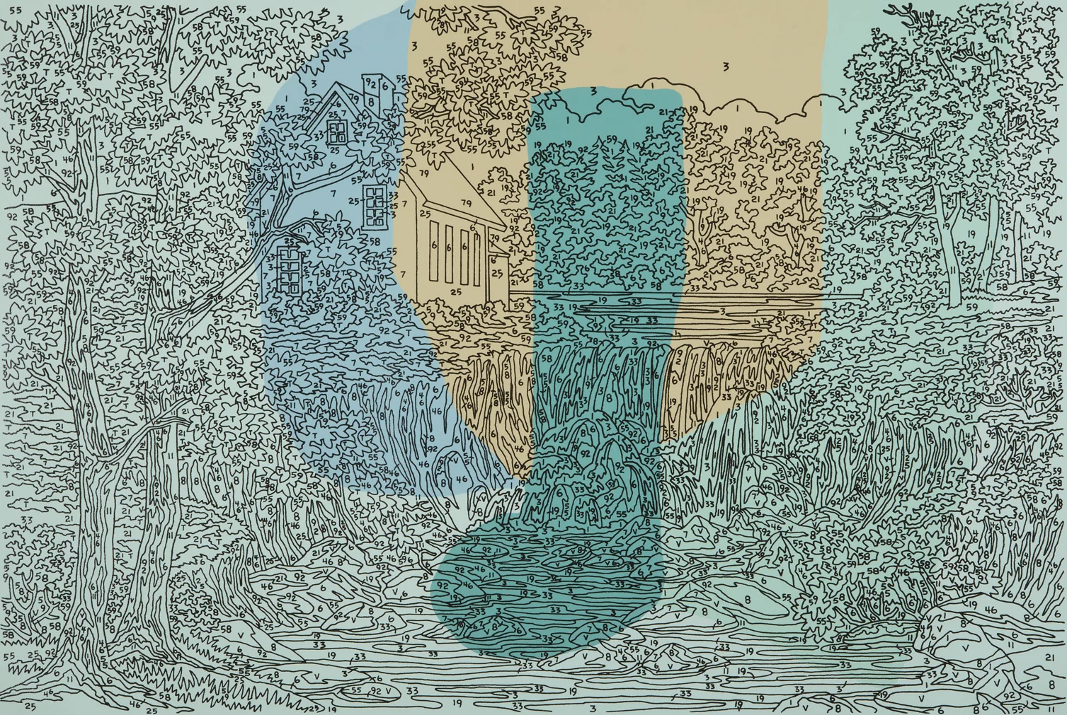 Abstract Waterfall (blue / green), 2012, silkscreen, acrylic on canvas, 24 x 36"