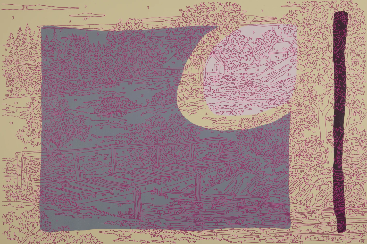Abstract Bridge (red line), 2012, silkscreen, acrylic on canvas, 24 x 36"