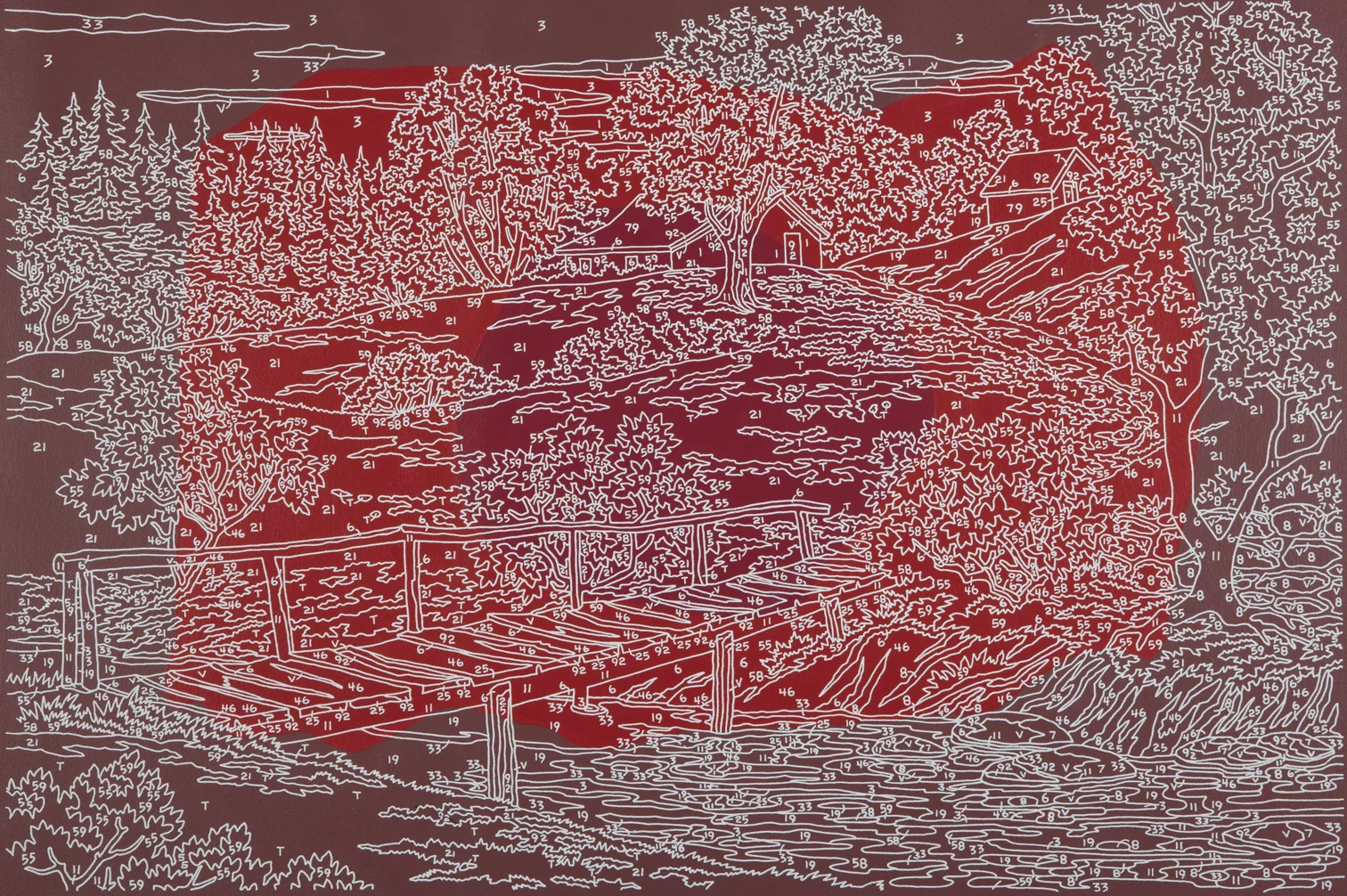 Abstract Bridge (red/ wine), 2012, silkscreen, acrylic on canvas, 24 x 36"