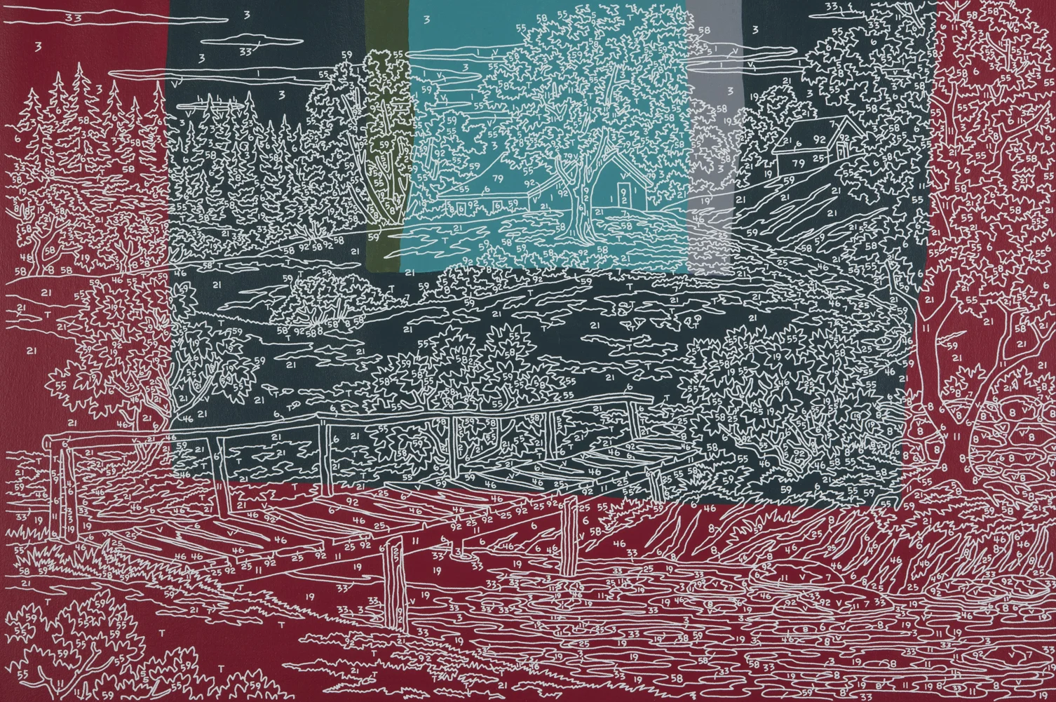 Abstract Waterfall (blue / green), 2012, silkscreen, acrylic on canvas, 24 x 36"