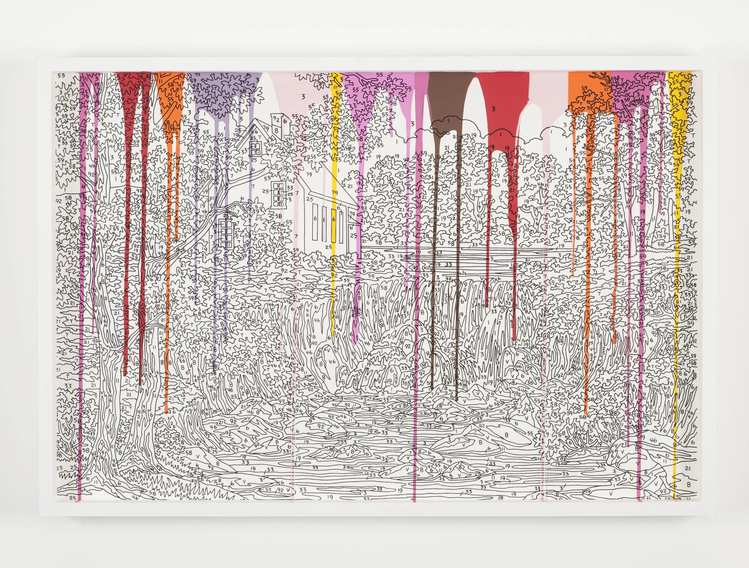 Abstract Waterfall (red drip) 2012, 24 x 36", silkscreen, acrylic paint, in shadow box, collection of Jason Goldberg