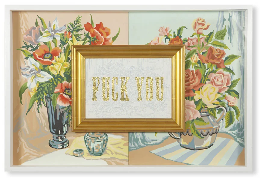 Fuck You (That Gun Is Always Loaded), 2011, 26 x 38" acrylic on vintage paint by number panel in shadow box with gold-leaf