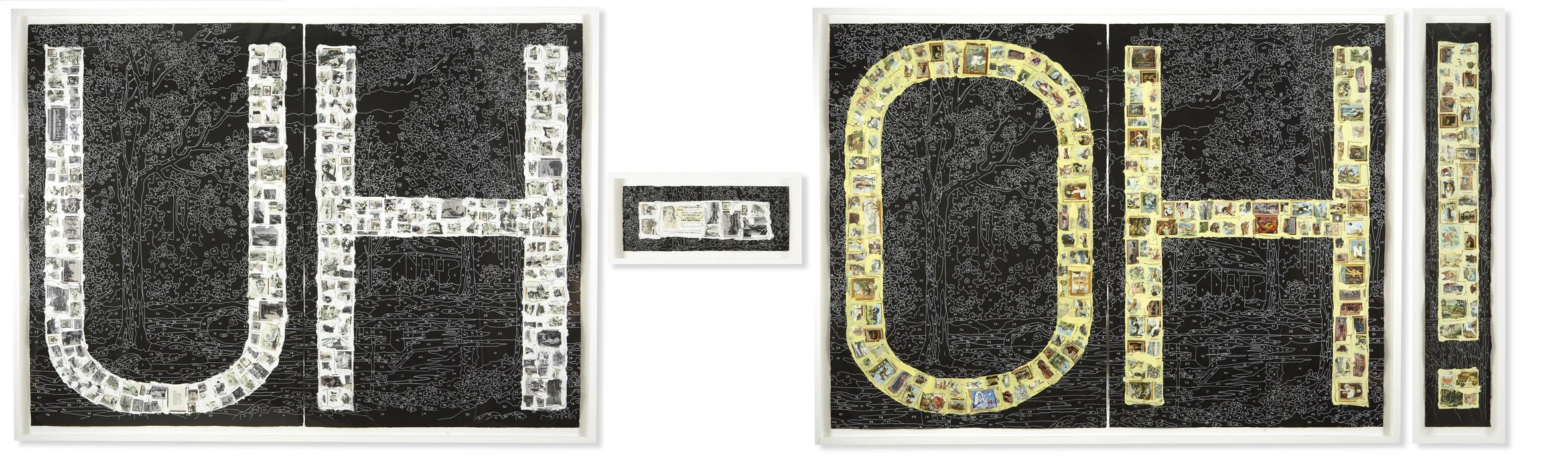 Uh-Oh!, 2007, silkscreen, vintage paint-by-number reproductions embedded in acrylic on paper, 44 x 188", private collection
