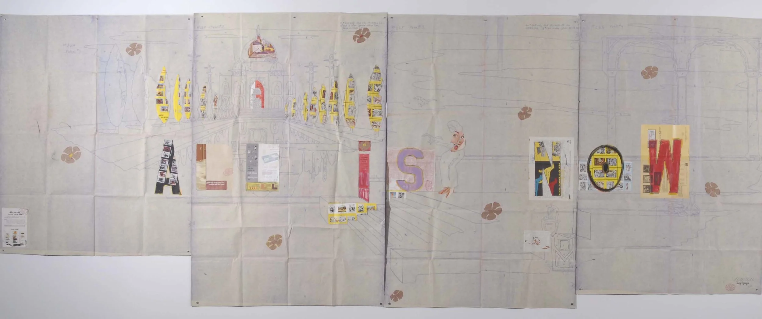  All Is Now, 2008, 48 x 150", 4 panels, vintage mural transfer paper, mixed media collage 